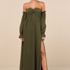 Lulus Glorious Invite Olive Green Knotted Off-the-shoulder Maxi Dress - Size M